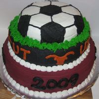 Soccer/ut Graduation Cake This was for my husbands' cousin's graduation party. Top layer is his favorite sport, next one is college he's going to UT,...