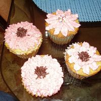 Cupcakes Butter cupcakes with B/C made into a pink flower with brown sprinkles for the middle.