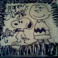 Charlie Brown And Snoopy Chocolate Run Out this is a 14 inch ice cream cake. i dont usually make ice cream cakes but this was for family. it has a charlie brown, snoopy and woodstock...