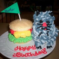 Hunter's Cat W/ Cheeseburger,ketchup Only Grandson #4 wanted A Cat and Cheeseburger cake, I used the mini bear,poundcake w/buttercream, and the Cheeseburger was a 4" poundcake&...