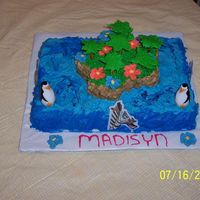 Madagascar White cake with Buttercream frosting, pretzel sticks and royal icing palm trees and royal icing flowers