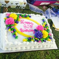 Mother-In-Law's 80Th Birthday Cake white &frac12; sheet cake with strawberries and strawberry filling, whipped icing.