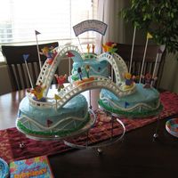 Roller Coaster Cake This was so much fun! The roller coaster tracks & cars are made out of gum paste, the people are fondant, lollipop sticks for the flags...