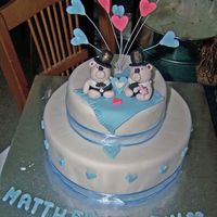 Engagement Cake this was made for my cousins engagement, they were both very happy with it, sugarpaste teddies and covered in sugarpaste. bottom is...
