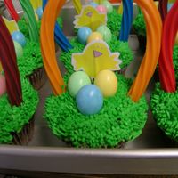 Chick Baskets Chocolate cupcakes. No filling. BC icing. Hershey Chocolate Easter Eggs. New Flavoured Twizzlers. Totally say the idea on CakeCentral