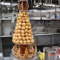 Croquembouche a pile of cream puffs on a brittle or nougatine structure. this was done by me and a friend of mine in culinary school.