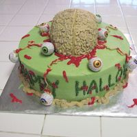 Brains And Eyeballs This is a 10" round cake covered in a mossy green icing. The brain on top was carved from a half ball pan and decorated with squiggly...