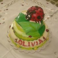 Ladybug Birthday Cake Three tiered covered with fondant. Vanilla cake with fresh cream and strawberry filling. Ladybug is homemade carrot for 1 yr old. BC...