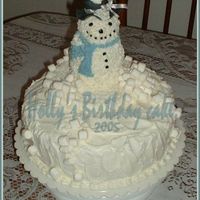 Holly's Birthday Cake"2005" This is white sour creme cake, buttercreme icing..hat is a large marshmallow covered in fondant.Snowman is the mini teddiebear cake mold...