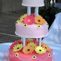 Spring Wedding Cake 50/50 gerber daisies, white chocolate fondant covered cakes; red velvet, Devil's food, white chocolate flavors. TFL