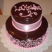 Pink Ribbon Birthday Cake 6 and 8 inch chocolate cake, covered with chocolate ganache. Piped w/pink buttercream and wrapped w/pink ribbon.