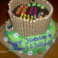 Garden Themed Birthday Cake For my daughters' birthdays...MMF on bottom tier, candies used on the top with fondant lettuce.