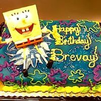 Sponge Bob Fun Splash Airbrushed buttercream blue, made dark blue circles on cake with airbrush. Then used clear piping gel to trace over dark blue circles-...