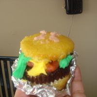Hamburgers Vanilla cupcakes split in two...added a chocolate top in between and icing toppings...felt like i was really making hamburgers!