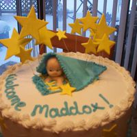 Baby Shower Cake 10" Chocolate Cake torted, with chocolate mousse, and raspberry perserves, all buttercream , except baby is plastic, and the blanket...