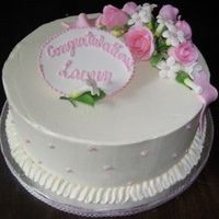 Dscn1675.jpg 8 yr old Baptism. IMBC Icing, gumpaste roses and stephanotis, pastillage plaque, pink pearls.