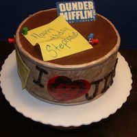 The Office Cake Birthday girl loves Jim. Choc IMBC, Homemade fondant sides. gumpaste sticky notes and push pins, choc transfer heart, letters, and logo.