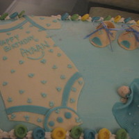1St Birthday Cake cake for a friend's son celebrating his 1st birthday. Choclate sheet cake with mmf accents...baby,blanket,booties and buttons!