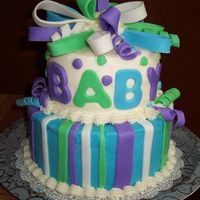 My First... ...baby shower cake, fondant cake, "attempt" at a fondant bow. This was a combination of several baby shower cakes posted on this...