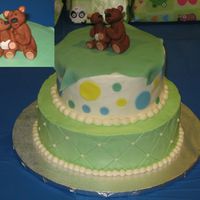 Teddy Bear Shower Cake The cakes are chocolate with chocolate ganache filing (it's a 10 inch and a 7 inch). The cakes are covered in BCD with fondant...