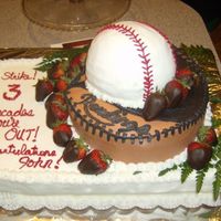 Baseball Retirement Cake This cake was for a retiree at work. The bottom was a white cake, the glove and ball were chocolate.