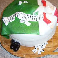 Crashed! Two layer choc. with choc. ganache filling. Covered in MMF. I got the idea from a posting and added the letters and boots. The flooring is...