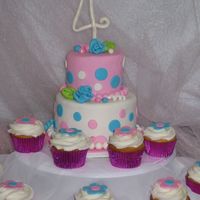 Happy 4Th Birthday Pink & Blue polka dot theme with matching cupcakes original idea based off a Jayci cake. First time doing ribbon roses and will...