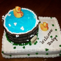 Tub Of Ducks Sheet Cake A friend's daughter is having their first grandchild. The tub was made with strips of chocolate that were cut and glued with bc. I...