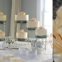 Callie's Non Traditional Wedding Cake Eight 2 layer cakes iced in ivory buttercream. I drug a spatula around the cakes to give them the look of horizontal stripes. This was my...