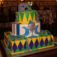 Mardi Gras Themed Groom's Cake Buttercream icing, fondant accents, gumpaste masks.