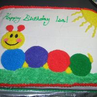 Baby Einstein Caterpillar 11 x 15 yellow cake with buttercream frosting. This was my first cake, for my daughter's first birthday. Made the caterpillar design...