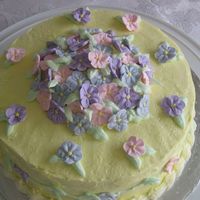 Img_0014.jpg 10 in. yellow cake with choc. pudding center and buttercream frosting. Royal icing apple blossoms.