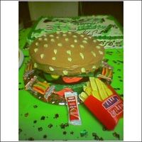 Burger And Fries I made this for my sister's birthday :) first time doing a stacked cake like this, i even ran out of food coloring and the ketchup...