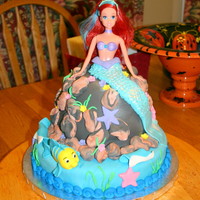 Little Mermaid Cake Round white cake for "sea floor" with chocolate cake "rock pile". Buttercream filling under fondant rocks, details. The...