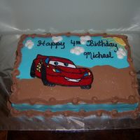Lightning Mcqueen This is the first of two cakes I did to celebrate my son's 4th b-day. This one went to his pre-school for a b-day pizza party.