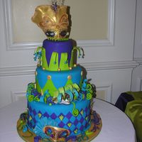 Masked Ball This cake was done for a 15th birthday. The theme was a Venetian Ball. All the masks were made out of gumpaste.