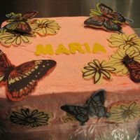 Oma's Birthday Cake vanilla butter cake, split and filled with fresh strawberries and whipped cream, frosted with tinted whipped cream and trimmed with...