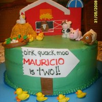 Farm Cake The barn is a fondant decorated cookie, the animals are MMF, covered with buttercream