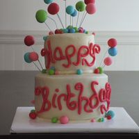 Festive Birthday Cake The balls & 'Happy Birthday' are made out of fondant. The cake was white cake with custard filling, frosted in cream cheese...