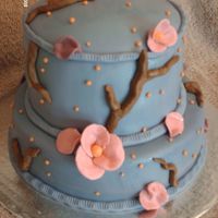 Melanie's Birthday French Vanilla WASC cake with vanilla cheesecake filling, covered in BC and fondant. Flowers, and branches are fondant and gumpaste.