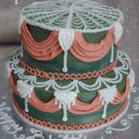 Swags & Pearls Chocolate cake with chocolate peanut butter filling, covered in BC. All decorations are BC.