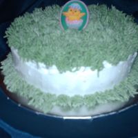 Easter cake is white with buttercream and has an easter ring in the center.