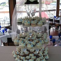 Wedding Cupcakes Top cake is WASC with MMF and silver dragees. Butter cream topped cupcakes with white chocolate monogram and gumpaste hydrangeas.