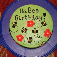 Ha Bee Birthday Yellow cake with chocolate peanut butter filling frosted in BC with BC accents.