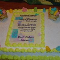 Baby Shower Cake Very Simple and very appropriate for an unknown sex?? baby shower. All misc items around cake are made of chocolate.