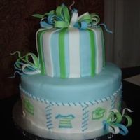 Blue & Green Baby Shower Cake 10" and 6". Her colors are blue and green. On the bottom tier, it's supposed to look somewhat like patchwork. Each has baby...