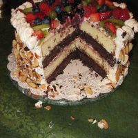 Fresh Fruit On Top Of Yellow And Chocolate Cake Just to show the interior - too sweet of a frosting,so I'll have to find something different.