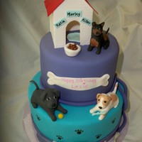 Doggie Birthday Cake 2 tiered all edible, gumpaste jack russell, black lab and mini pincher to match the birthday girls doggies :)