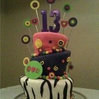 Alli's Cake This is a tospy turvy cake for my cousin's 13th birthday. It is fondant with fondant accents.