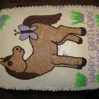 Megan's Horse 9x13 yellow cake. Horse was printed from my scrapbook program traced onto cake amd filled in. Edible glitter makes the butterfly sparkle,...
